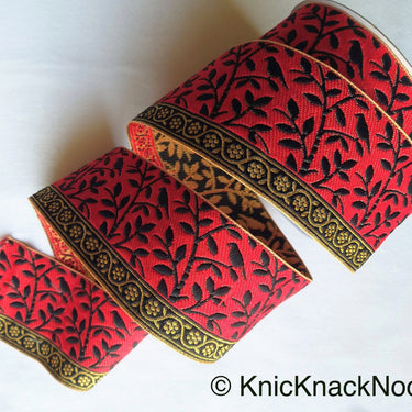 Grey / Red, Black And Gold Embroidered FloralTrim With Leaves, Approx. 56mm wide - 210119L37/38
